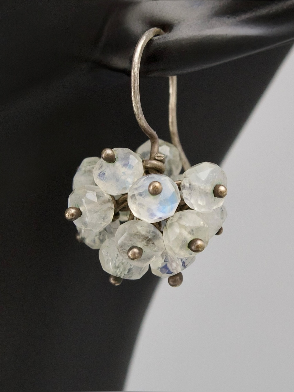 Vintage Moonstone Bead Cluster Sterling Silver Earrings
